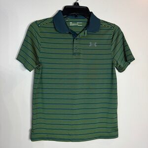 Under Armour Golf Polo Shirt HeatGear Youth Large Green Yellow Stripe Summer